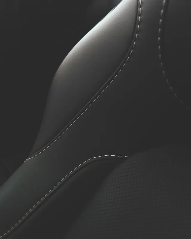 Detalle de tapicería de cuero negro y sus costuras finas