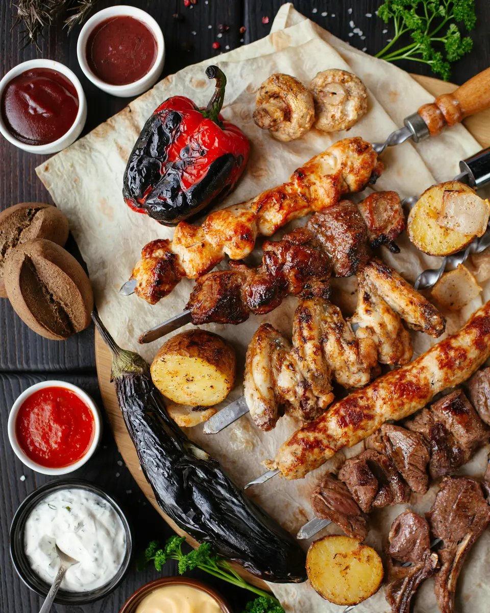 Mixed grill platter with skewers, peppers and sauces, seen from above