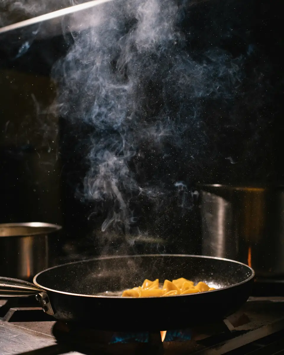Vapor sobre una sartén al fuego en una cocina en penumbra