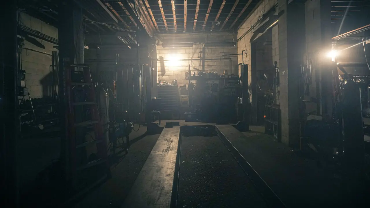 The empty workshop at night, an inspection lane leading to lamps glowing at the far end