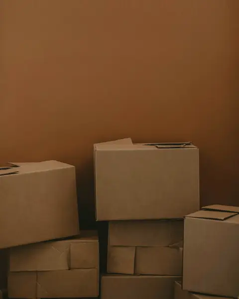 Cardboard boxes stacked against a brown wall